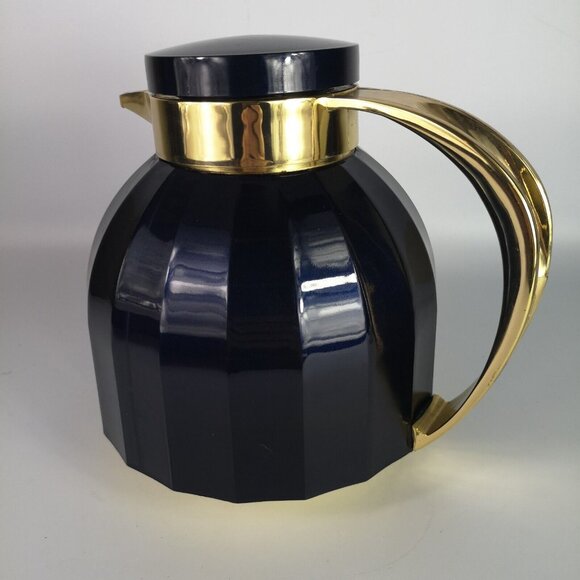 Vintage Insulated Coffee  Carafe Thermal Glass Flask Metallic Blue & Gold Retro - Picture 5 of 16